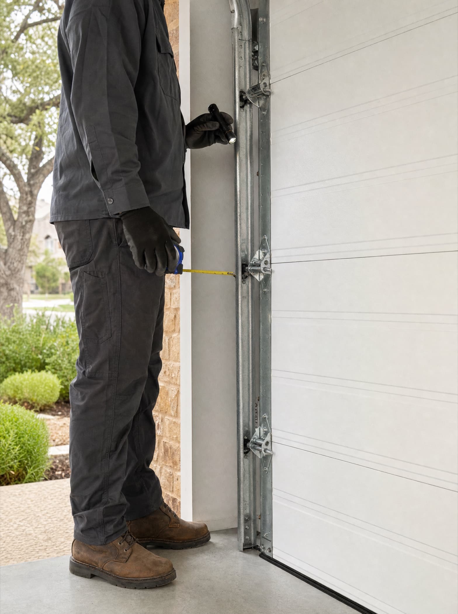 Technician checking track and roller alignment on a residential garage door at a Central Texas home