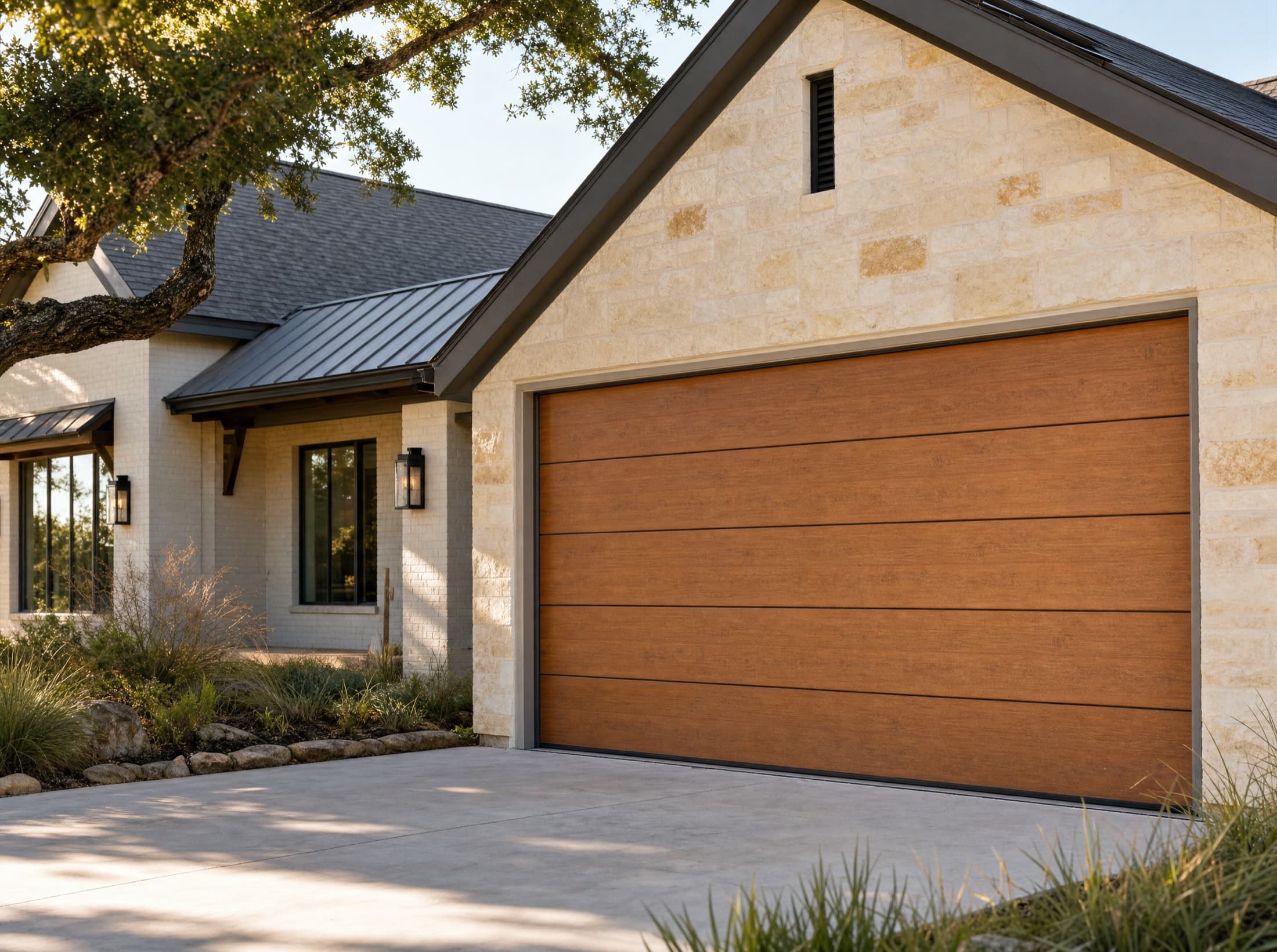 Garage door installation on a limestone Central Texas home in the Waco area