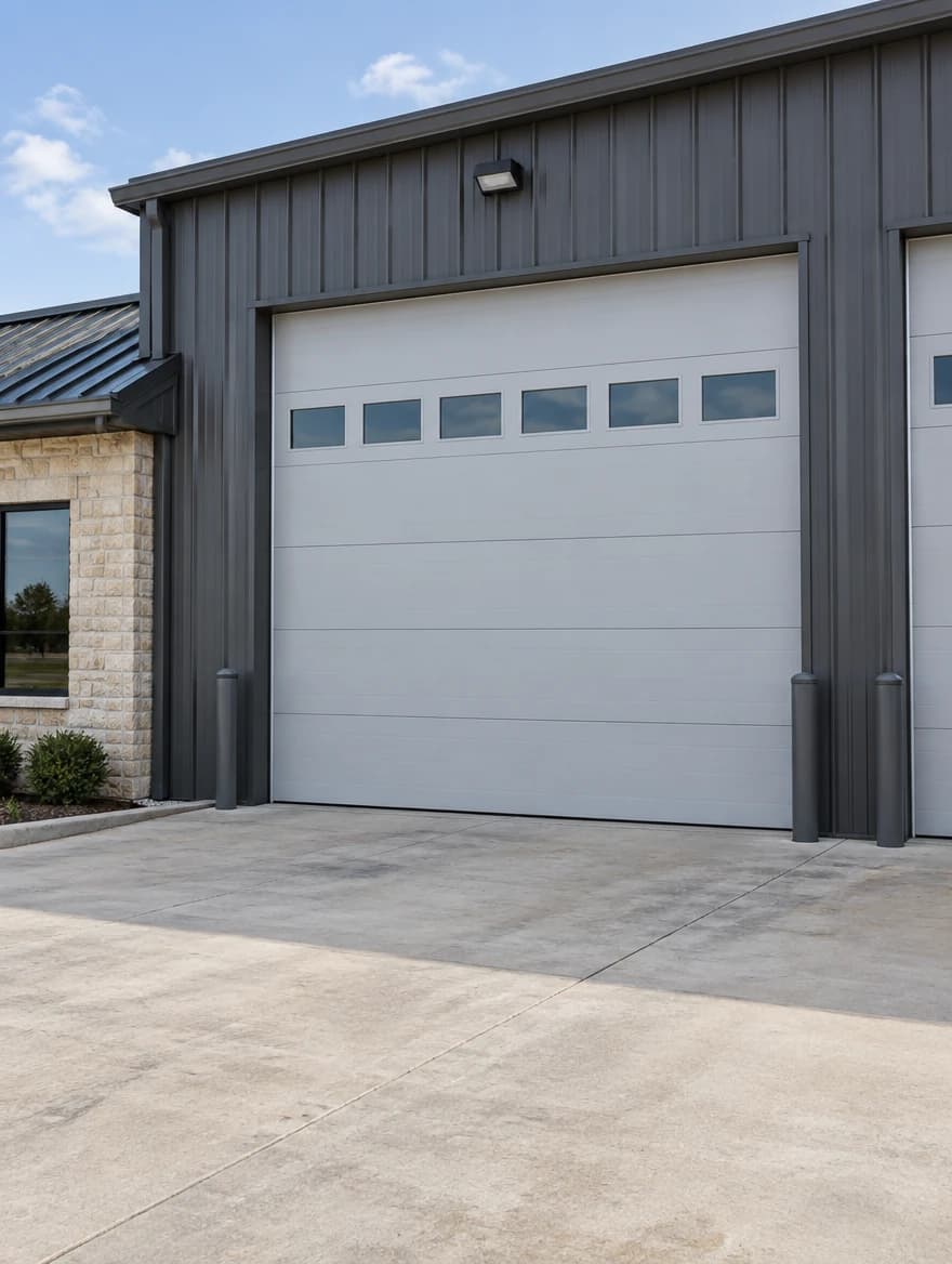 Illustrative sectional overhead doors on a Central Texas-style commercial service building